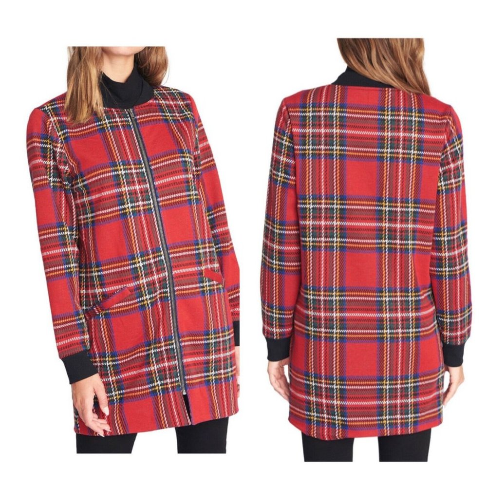 Sanctuary Red Plaid City Topper Front Zip Jacket